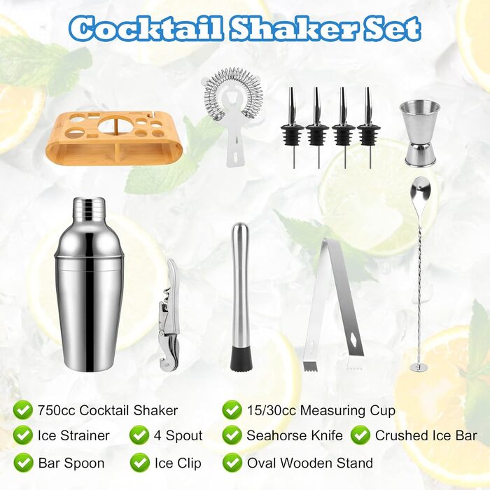 Набір для коктейлів 12 шт. з нержавіючої сталі з барним аксесуаром, 750 мл, повний набір бармена для дому або бару
