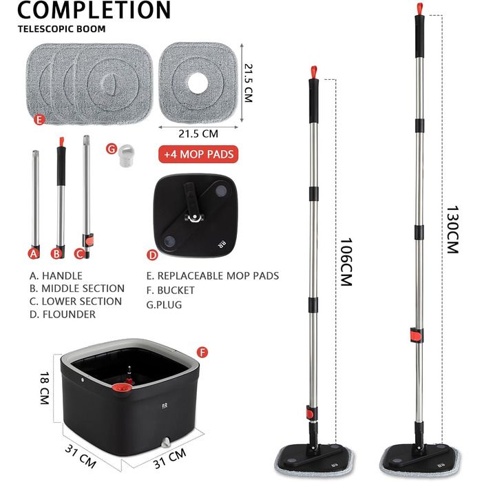 Набір для миття підлоги Spin Mop з віджимом 360° та мікрофіброю, телескопічний подовжувач, набір для прибирання
