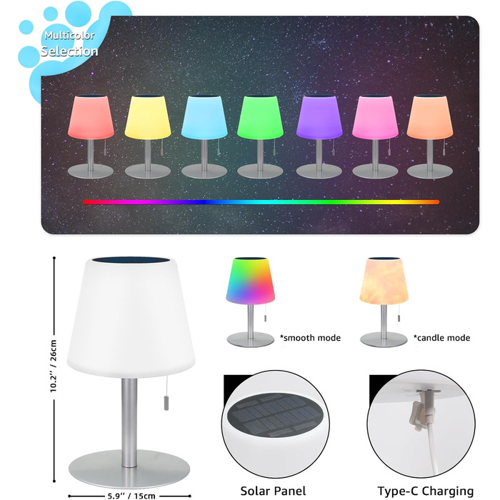Світлодіодний солярний світильник для столу, вуличний, 2-в-1, бездротовий, 8 кольорів, для саду, кемпінгу (Срібний)
