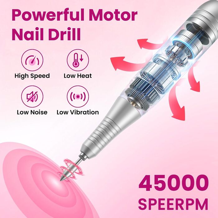 Професійний портативний фрезер для нігтів 45000 об/хв з LCD-дисплеєм (рожевий)