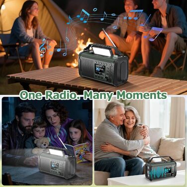 Радіостанція невідкладної допомоги 27000mAh з ручним заводом, сонячною панеллю, USB-зарядкою, Bluetooth 5.3, функцією Powerbank, SOS-сигналом, ліхтарем, лампою для читання, компасом, слотом для TF-карти та міцним Outdoor-дизайном, армійного кольору