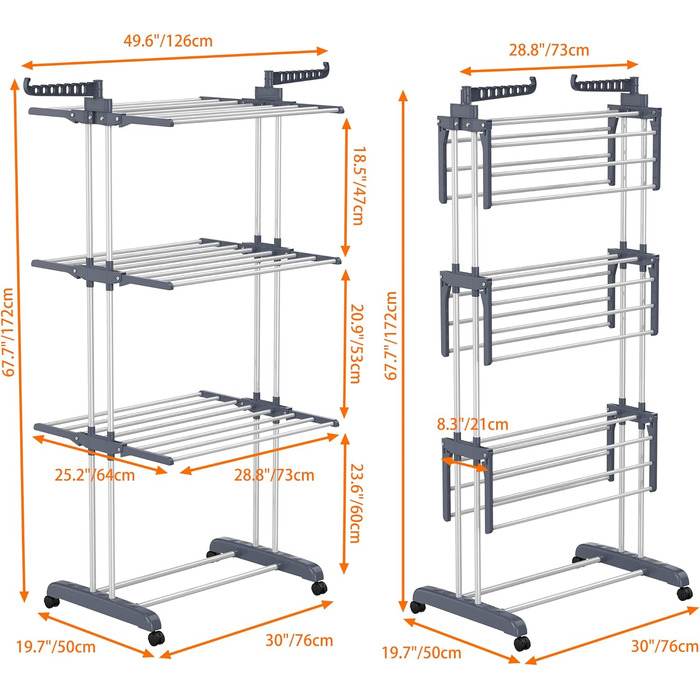 Сушарка для білизни Turm, турбо сушарка для білизни з 6 розкладних крил та 2 бічні крила, мобільна сушарка для білизни з колесами для дому та вулиці (сіра)