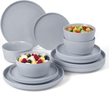 Набір посуду Jiwoo для 4 осіб (12 предметів): тарілки, десертні тарілки, супові миски. Bone China, матовий сірий колір, для мікрохвильовки та посудомийної машини