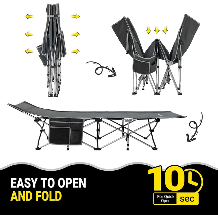 Розкладне ліжко для кемпінгу KingCamp - легке, портативне, з кишенею, 190x67 см, чорно-сірий годинниковий візерунок