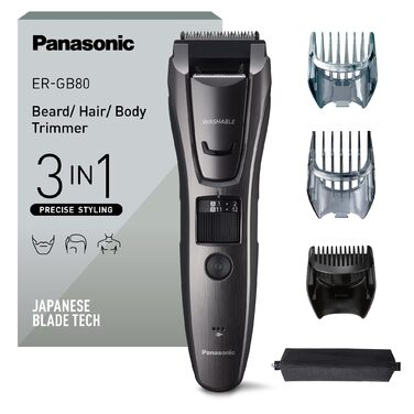 Триммер Panasonic ER-GB80-H503 для чоловіків: борода, волосся, тіло, акумуляторний, водонепроникний, 39 налаштувань, 3 насадки, сріблястий