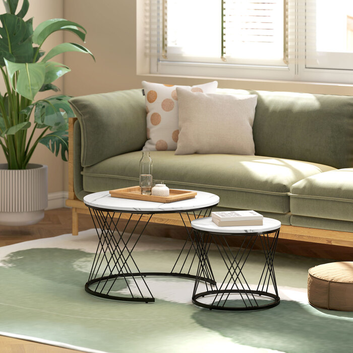 HOMCOM Set of 2 Round Coffee Tables with Marble Look - White