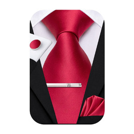Комплект краваток Hi-Tie Classic (4 шт.): шовкові краватки, нагрудна хустка, запонки, зажим для краватки в смужку та пейслі, червоний
