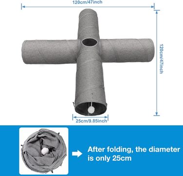Cat Tunnel Toy, 4-Way Collapsible Cat Tunnel for Indoor Cats, Interactive Peek Hole, Pet Tunnel with Cat Wand Toy