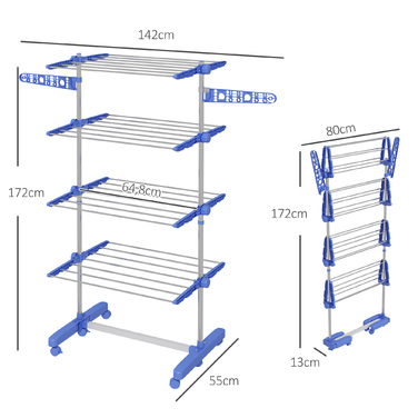 HOMCOM Clothes Rack with Wheels, Clothes Dryer Tower, 2-Tier Folding Wings, Standing Dryer Made of Steel in Blue for Space-Saving Drying