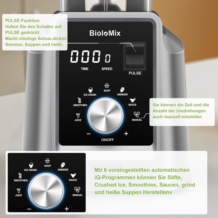 BioloMix High-Performance Blender 2200W, Self-Cleaning Function, Stand Mixer 2L Container and 600 ml Travel Cup BPA Free. Smoothie Mixer (T5600, Grey) T5600 Grey
