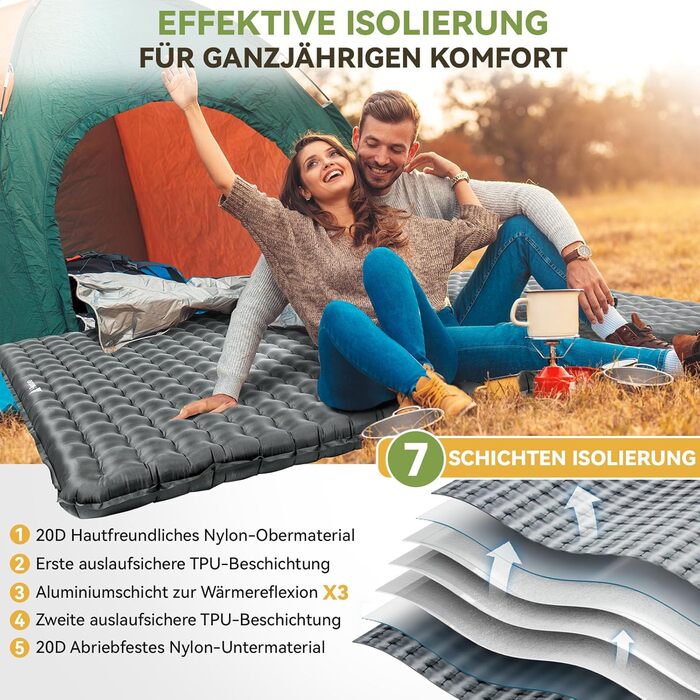 Каремат туристичний HIKENTURE 6.2 R-Wert для 2 осіб, 8 см, надувний, 140x200 см, для 4 сезонів, для кемпінгу, трекінгу, намету, пляжу