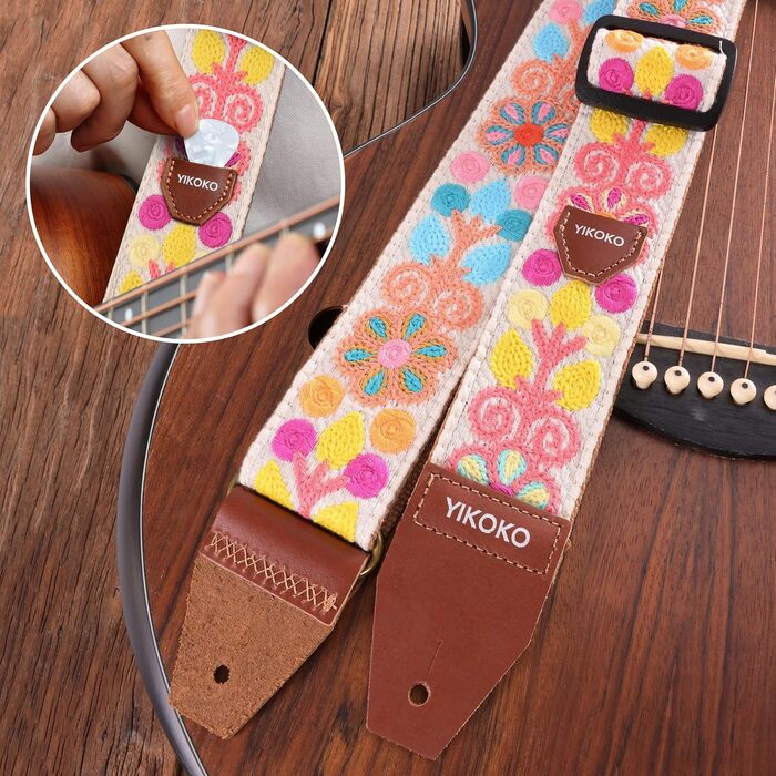 Гітарний ремінь 5,1 см з бавовни з шкіряними кінцями для бас, електро- та акустичних гітар (Квіткова візерунок 01)