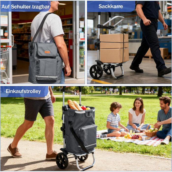 Складаний візок для покупок Sekey 60L з алюмінію, 3-в-1, з кулерним та відділенням для напоїв, для покупок та кемпінгу (сірий)