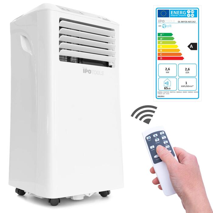 Мобільний кондиціонер IPOTOOLS 9000 BTU з витяжною голкою: охолодження, вентиляція, осушення. Білий