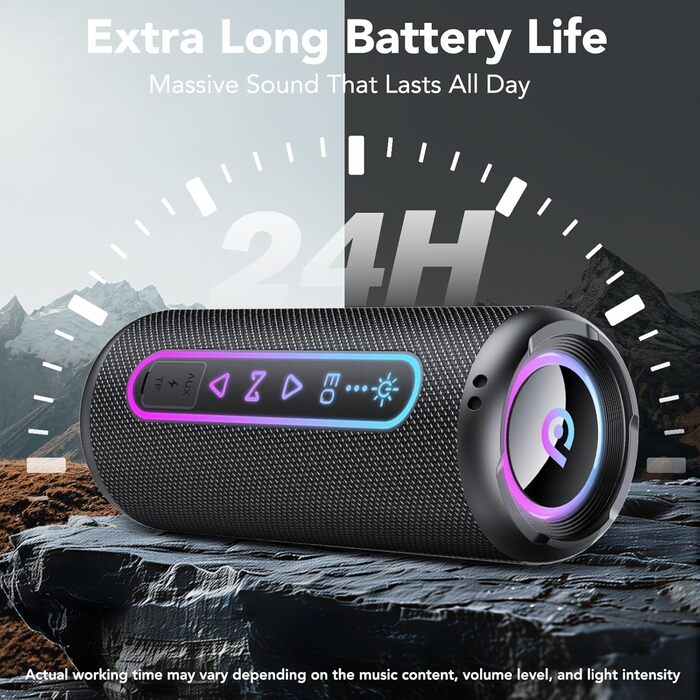 Bluetooth колонка з підсвіткою 25W, Bluetooth 5.4, Dual Bass, 24 год, IPX7 водонепроникна, портативна колонка для вечірок, подорожей, AUX/TF, Чорна