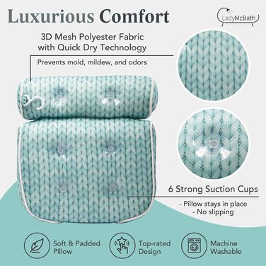 Lady McBath Bathtub Pillow – Luxury Bathtub Pillow for Tub, Neck and Back Support, Powerful Suction Cups, Machine Washable, Bathtub Accessory for Relaxation (Turquoise)
