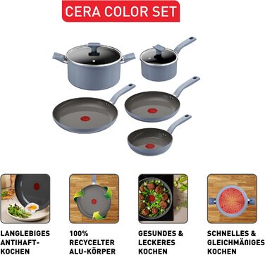Набір посуду Tefal CERA BRIGHT ON 7 предметів: сковорідки 20/24/28 см, каструля 16 см, каструля 24 см + кришки. Керамічне антипригарне покриття, алюмінієвий корпус, індикатор нагріву Thermo-Signal, для всіх типів плит, бежевий (блакитний)