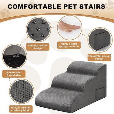 Сходи для собак маленьких порід Otauoaea: 3 сходи, антиковзаюча поверхня, для софи та ліжка, знімний чохол, сірий колір