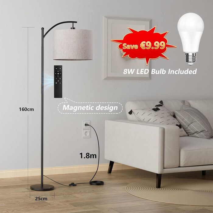 Стійка лампа для вітальні з пультом керування, 3 колірні температури, сумісна з LED, чорного кольору, з димуванням, з кнопкою на ніжці, для спальні, читання, офісу, з лампочкою в комплекті