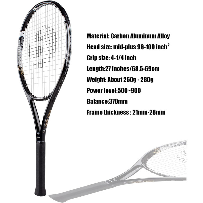 Black+Black Adult Tennis Racket Set - 2 Rackets, 3 Balls, 2 Grips, Vibration Dampeners