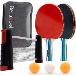 BERAXPOL Набір для настільного тенісу преміум-класу, портативний, з висувною сіткою | 3 м'ячі | Сумка для перенесення | Сімейний відпочинок | Подарунок