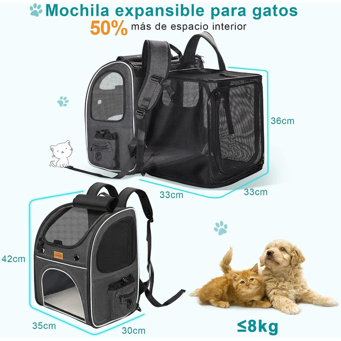 Рюкзак для кота та маленького собаки Morpilot, 7 кг, сірий, 35x30x42 см, з безпечною лінійкою та мискою