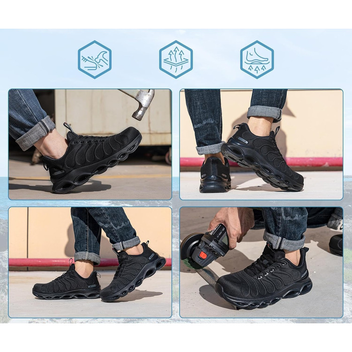 Черевики робочі з металевим підноском LARNMERN для чоловіків та жінок. Легкі, комфортні, кольорові, розмір 42.5 EU, чорний.