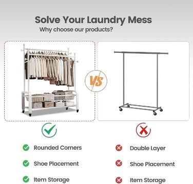 Стійка для одягу на колесах, двоярусна, з двома перекладинами (біла)