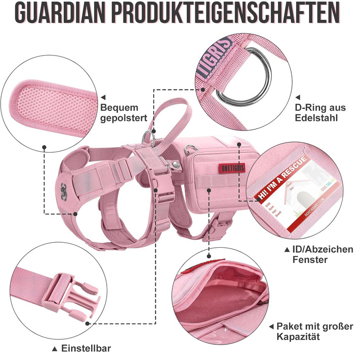 Нашийник для собак OneTigris Guardian з міцною металевою фурнітурою та великою кишенею, рожевий, M