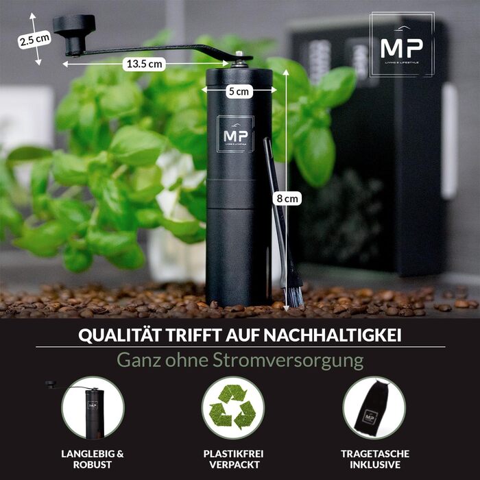 Manual Coffee Grinder with Conical Burr I Adjustable Grind Size - Stainless Steel Coffee Grinder with Brush I High-Quality Hand Coffee Grinder - Hand Coffee Grinder