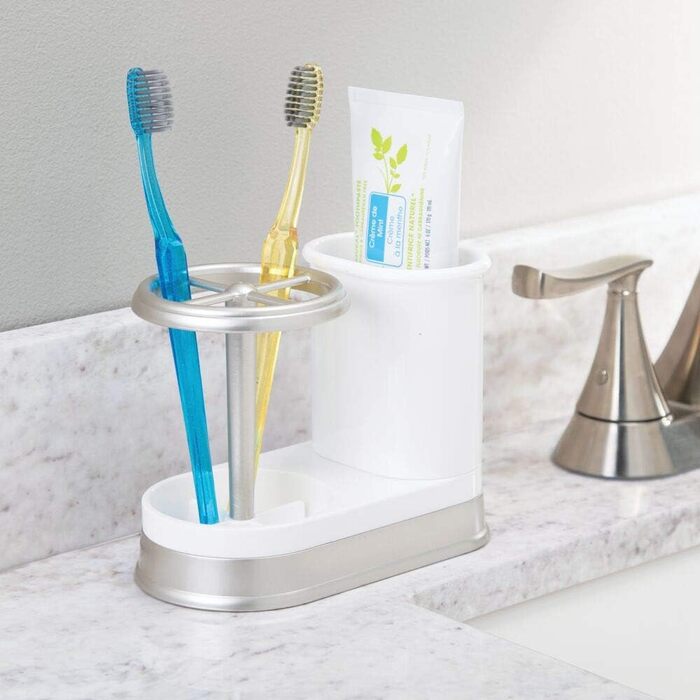 mDesign Toothbrush Holder - high-quality toothbrush holder made of plastic for bathroom sink or vanity cabinet - practical holder for toothbrushes and toothpaste - white and matte silver
