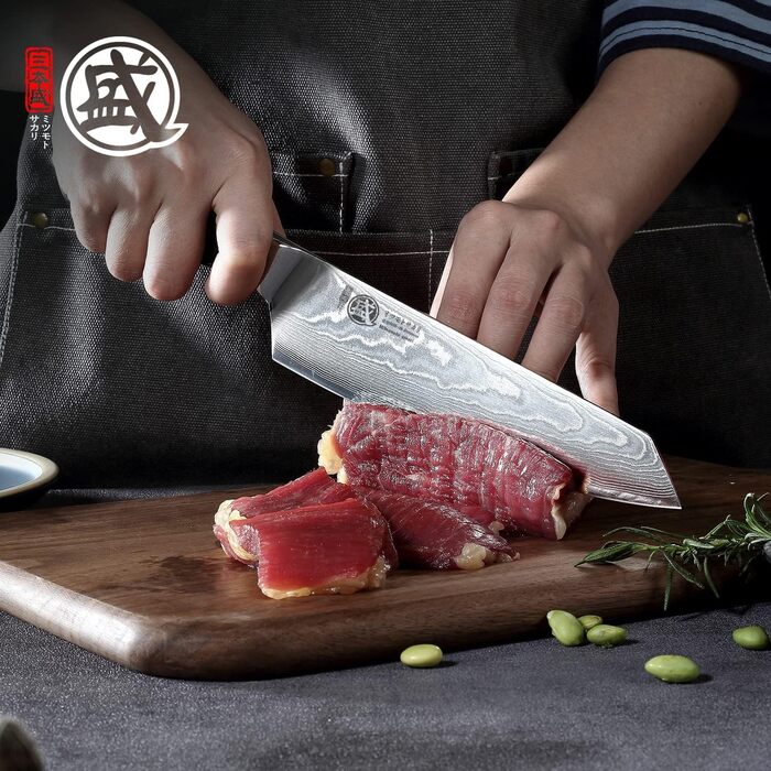 Ніж кухарський японський MITSUMOTO SAKARI Kiritsuke 18 см, сталь AUS-10 Damast, руків'ять Pakkawood, дерев'яна подарункова коробка