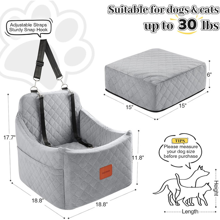 Автокрісло для собак середніх та маленьких порід, сіре, з кишеньками для зберігання та поводок. З піднятою спинкою.