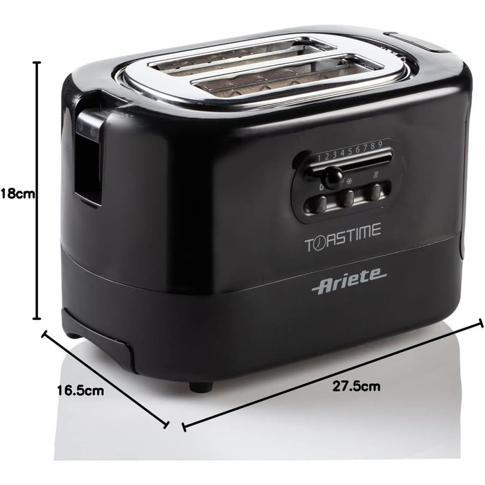 Тостер Ariete 159 Toastime: 2 відділення, пружинний захват, розморожування, підігрів, 700 Вт, нержавіюча сталь, чорний