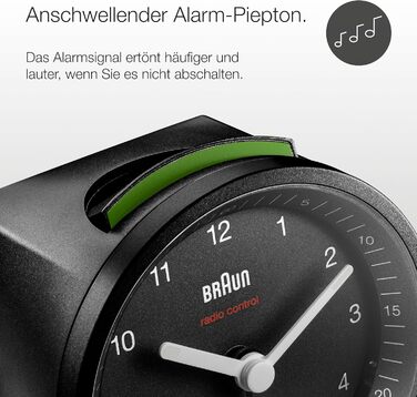 Classic analog radio alarm clock by Braun for the Central European Time Zone (CET/GMT+1) with snooze function and light, quiet movement, crescendo alarm in black, model BC07B-DCF