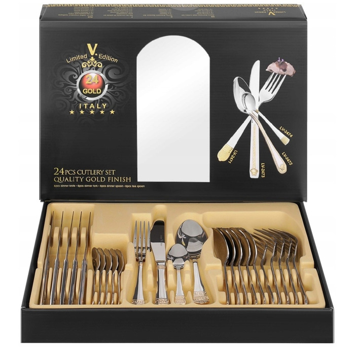 Золотий набір столових приборів у грецькому стилі, 24 предмети, обідній сервіз на 6 осіб у подарунковій коробці