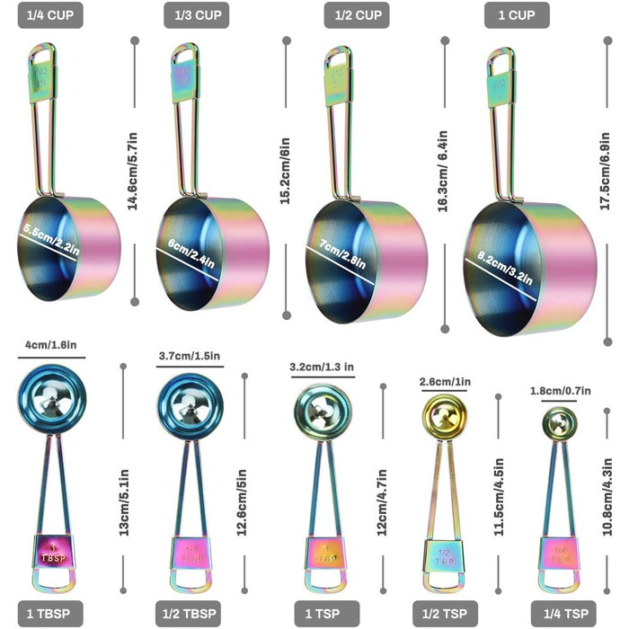 Intsun Measuring Spoon and Cup Set, Stackable Stainless Steel Measuring Cups and Spoons, Multicolor, with Engraved Measurements and Highly Polished Measuring Cup Set for Cooking, Mixing, and Baking