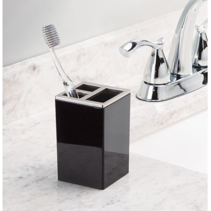 mDesign Plastic Bathroom Storage Jars, Vanity Decor Accessories, Countertop Organizer, Soap Dispenser, Toothbrush Holder, Lumiere Collection, 4-Piece Set – Black/Brushed