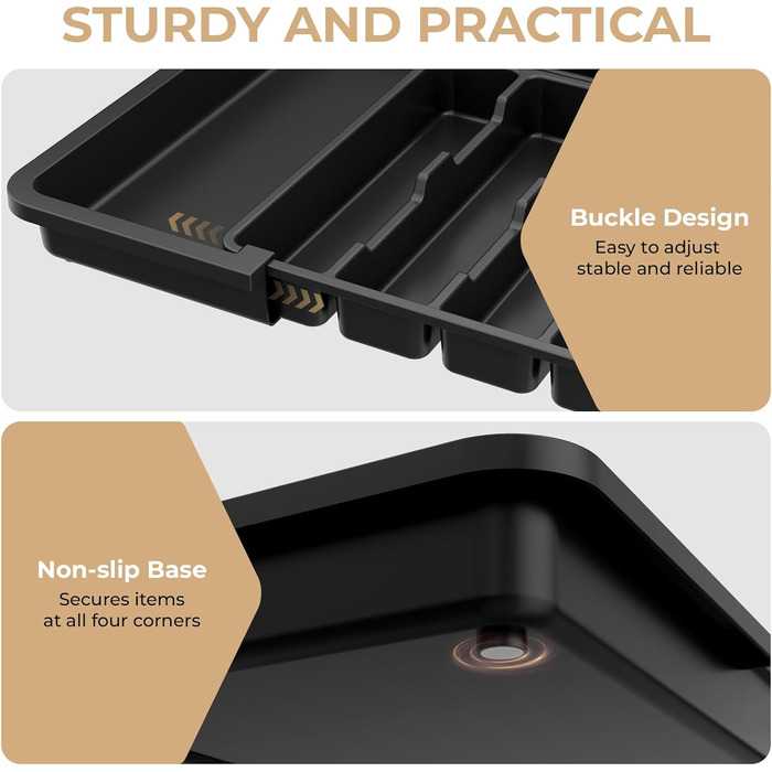 Органайзер для столових приборів в шухляду, розширюваний, 6-9 відділень, з 2 знімними блоками для ножів, чорний