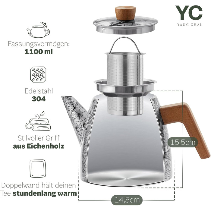 Термочайник YC Yang Chai з подвійними стінками та ситом із нержавіючої сталі 304, 1.1 л, з ручками з дуба для листового чаю