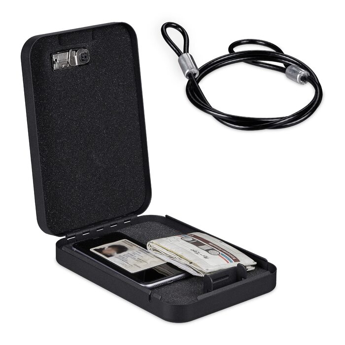 Сейф Relaxdays з кодовим замком, портативний, зі страхувальним тросом, автосейф, сталевий, 5.5x17x25 см, чорний