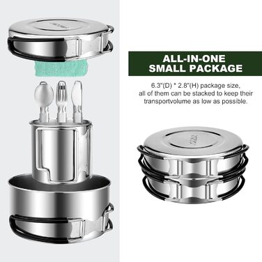 Набір кухонного посуду для кемпінгу Odoland 7 предметів: каструля, сковорода, тарілки, миски, столові прибори з нержавіючої сталі