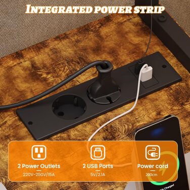 Кутовий ігровий стіл YOUDENOVA з перфорованою панеллю, полицями та USB-розетками, L-подібний письмовий стіл для геймерів та офісу, Коричневий, 135 x 90 x 152 см