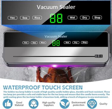Вакуумний пакувальник харчових продуктів 5-в-1 з 10 пакетами 20x30 см, 65Kpa, знімний прилад для запаювання фольги, LED-дисплей та різак для сухих та вологих продуктів (сірий)