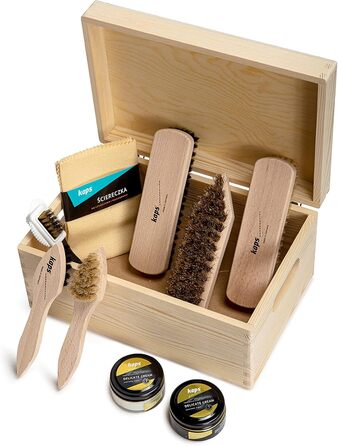 Kaps Complete Shoe Cleaning and Care Set | 9-Piece Shoe Care Set for Leather Boots and Shoes | Shoe Cleaning Kit Packaged in a Wooden Gift Box