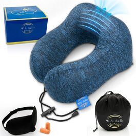 Подушка для шиї W.S. Sells з піною Memory Foam, комплект для подорожей (маска для сну, навушники, чохол), для літака, авто, пригод (темно-синій)
