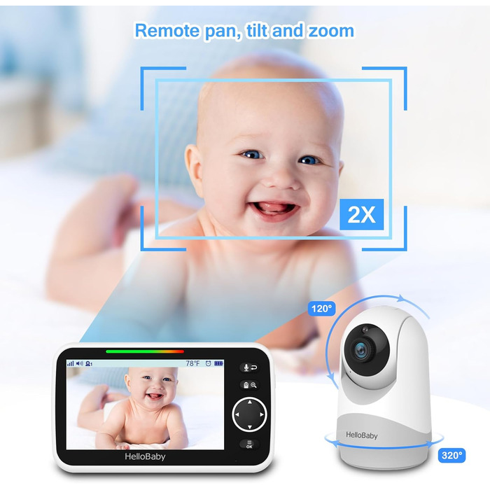Відеоняня HelloBaby з камерою та аудіо, 5-дюймовий екран, акумулятор 3500 mAh, дистанційне керування, двосторонній зв'язок, ECO-режим, авто-нічне бачення, радіус дії до 292 м, HB6250