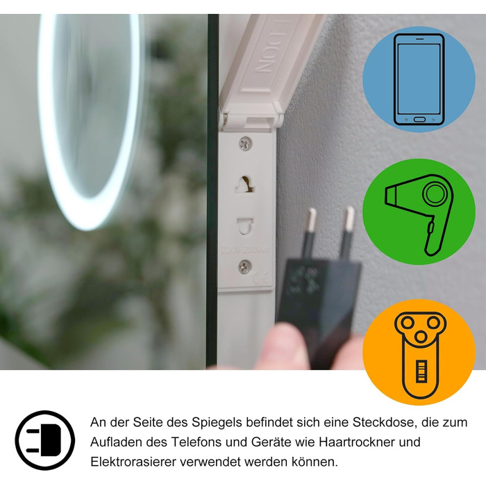 LED дзеркало для ванної кімнати з підсвічуванням 80x60 см: Bluetooth, годинник, 3 кольори світла, сенсорне регулювання, проти запотівання, збільшення, для ванної, туалету, коридору