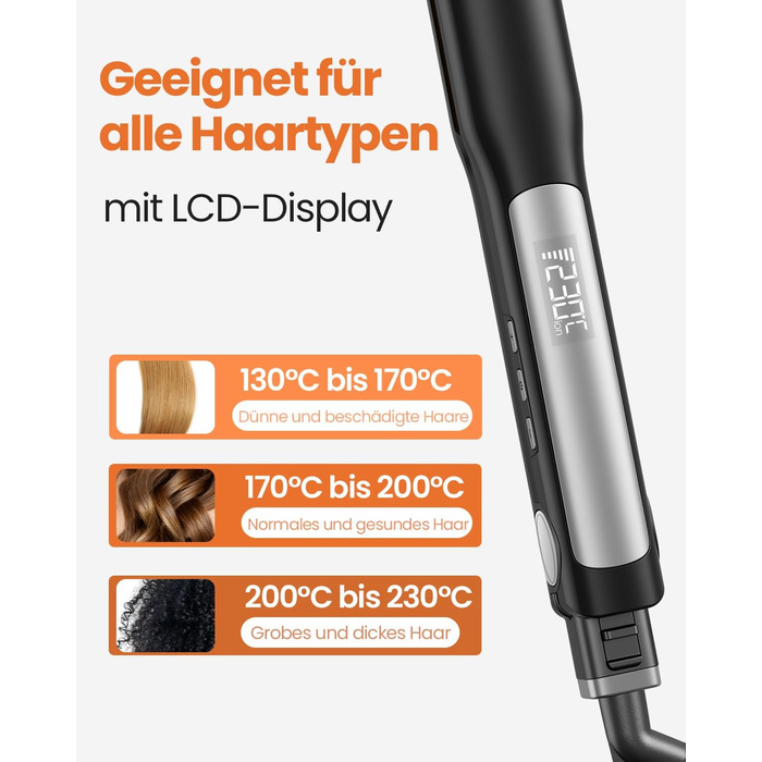 Випрямляч для волосся з титановими пластинами, іонізація, швидкий нагрів 20s, LCD-дисплей, універсальна напруга, 2-в-1 (Noir)