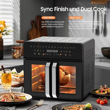 Фритюрниця гарячим повітрям 23л Dual Zone - XXL Airfryer з французькою дверцятами | Фритюрниця-печі з подвійною камерою, 15 програм, 2200W, 12 аксесуарів, знімний роздільник для камери, 50-200°C 23 л Dual